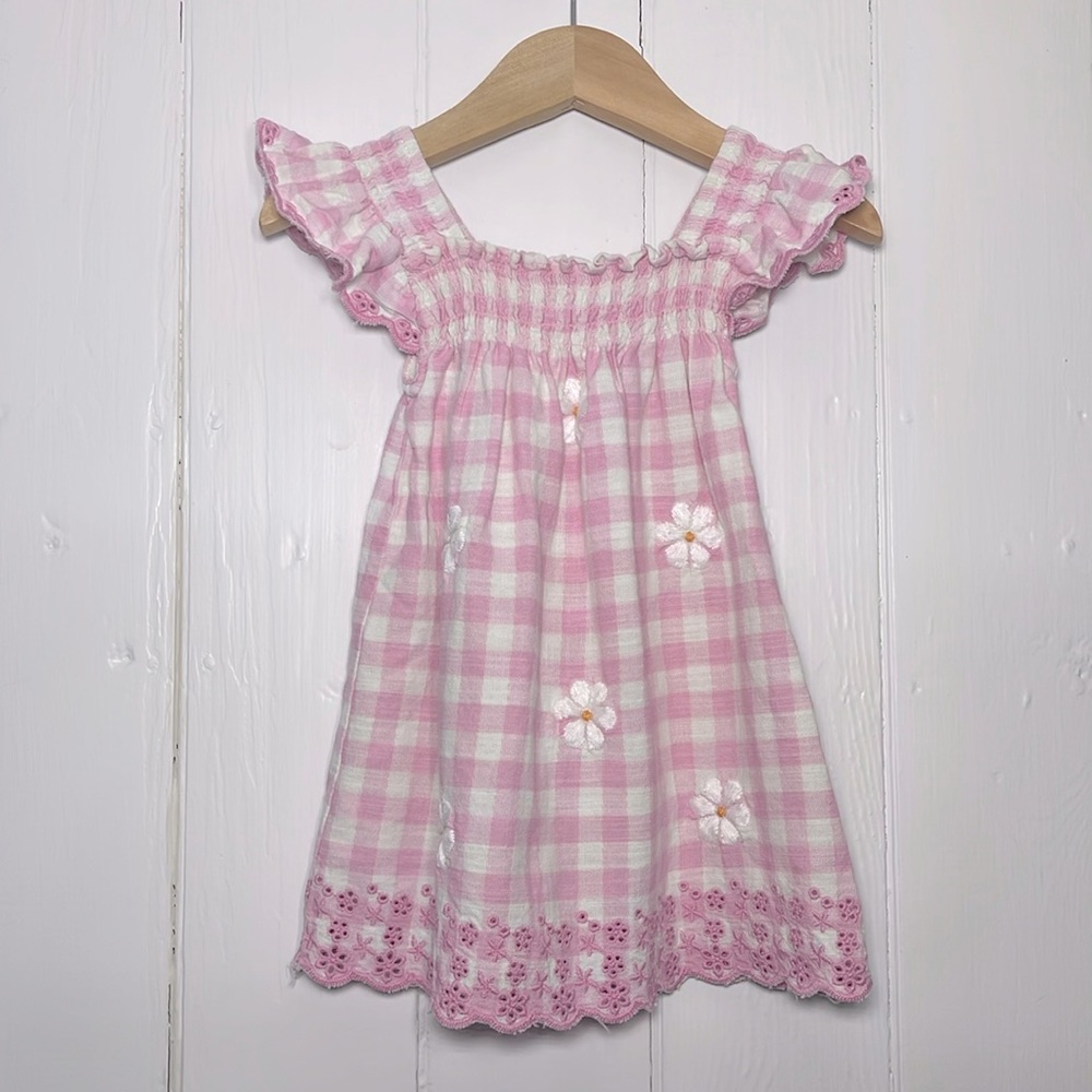 JESSICA SIMPSON EUC Pink Gingham Embroidered Flower Flounce Ruffle Sleeve Dresss